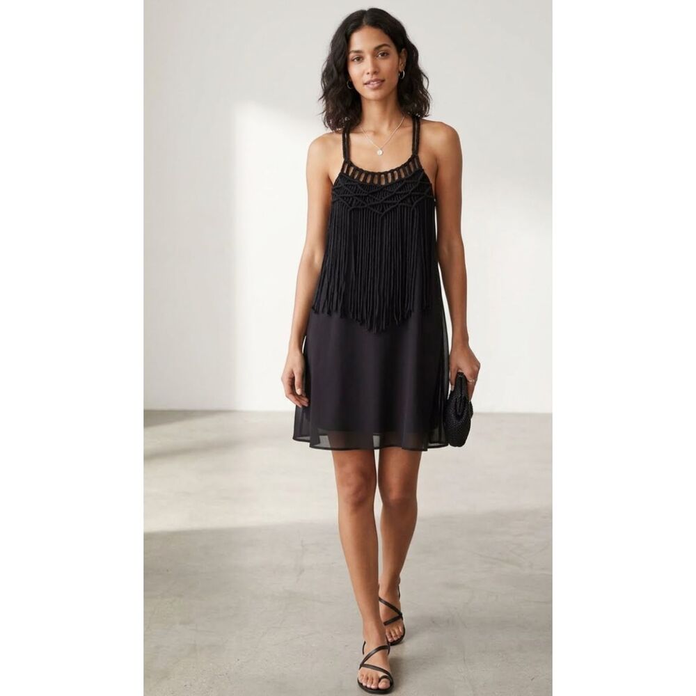 Umgee Black Crochet Fringe Halter Mini Dress Women's Size Small